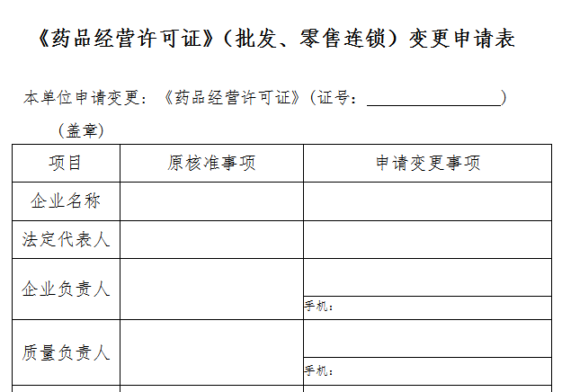 广东省《药品经营许可证》(批发,零售连锁)变更申请表
